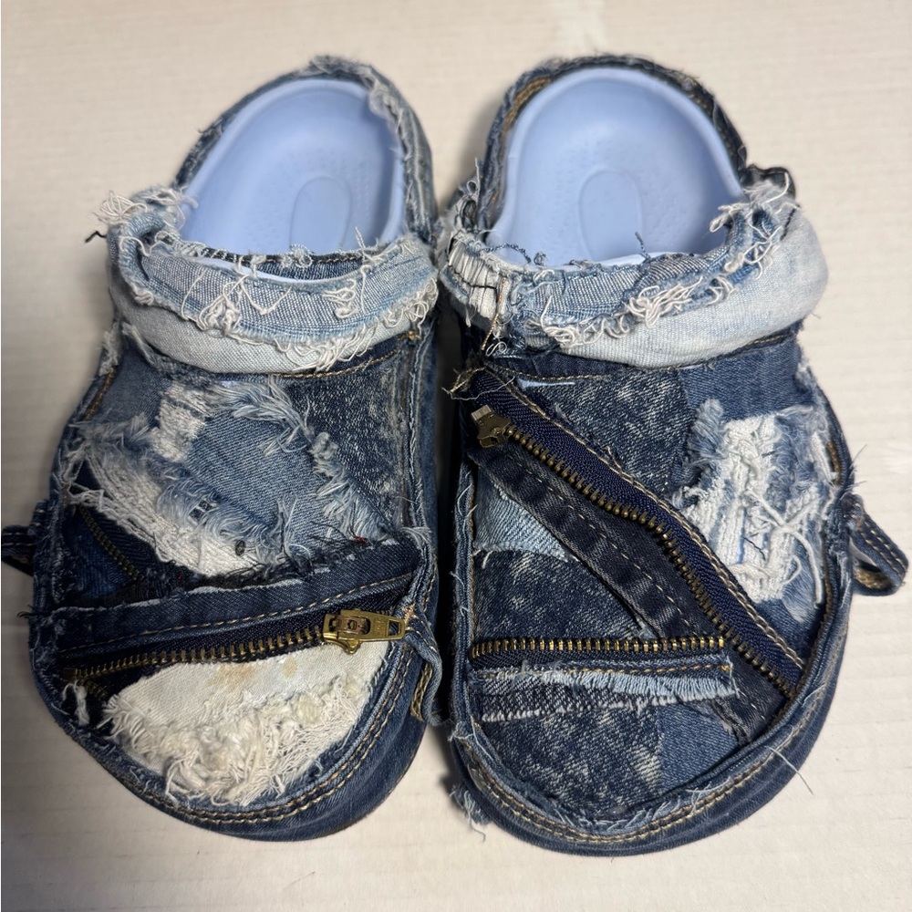 Distressed Denim Mules with Zipper Accent 7 or 8